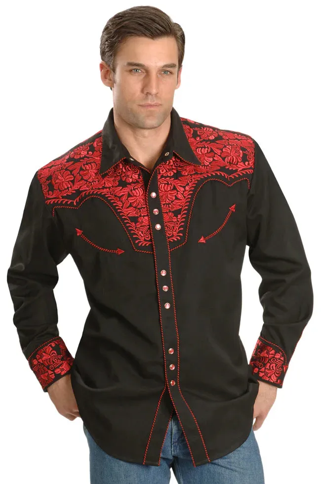 Floral Embroidered Rockabilly Shirt - Crimson