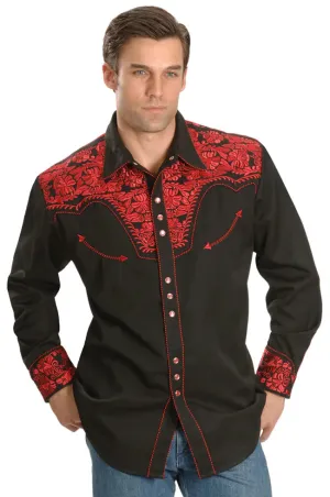 Floral Embroidered Rockabilly Shirt - Crimson