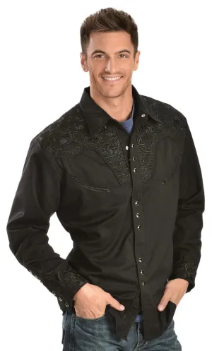 Floral Embroidered Rockabilly Shirt - Jet Black