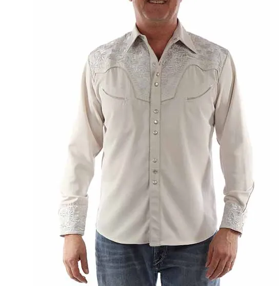 Floral Embroidered Rockabilly Shirt - Light Grey