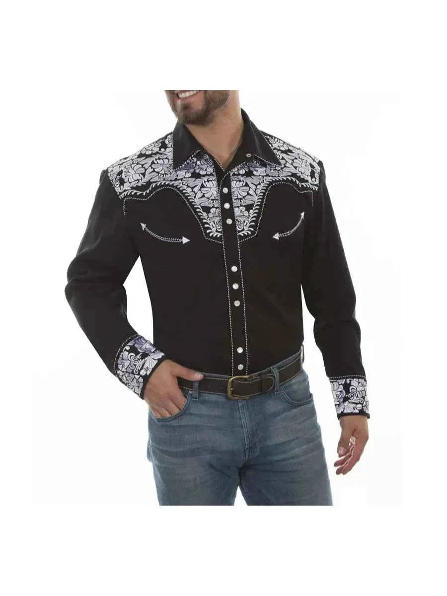 Floral Embroidered Rockabilly Shirt - Silver