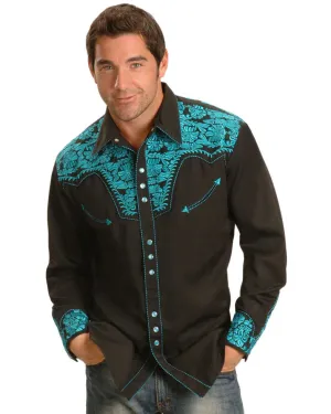 Floral Embroidered Rockabilly Shirt - Turquoise