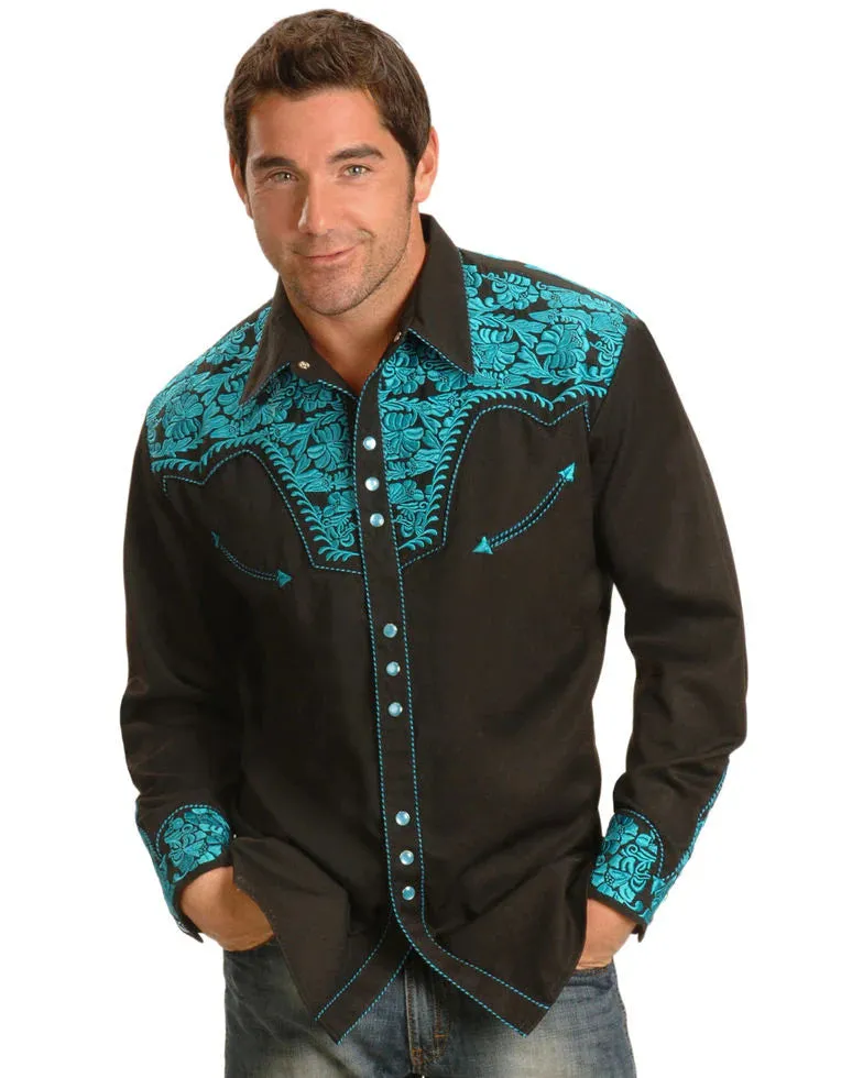 Floral Embroidered Rockabilly Shirt - Turquoise