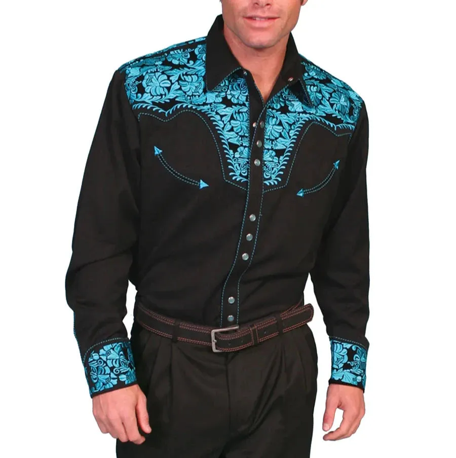 Floral Embroidered Rockabilly Shirt - Turquoise