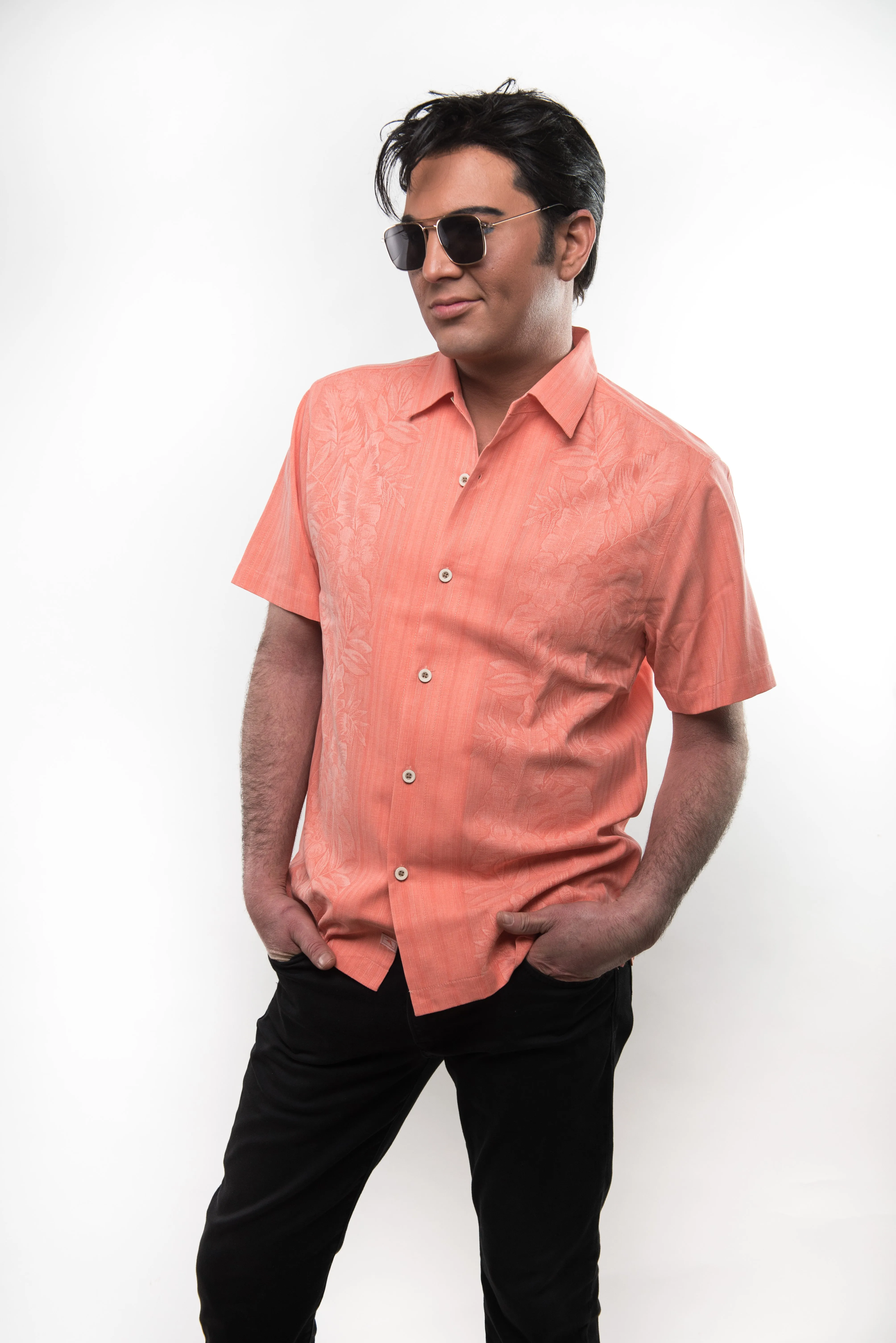 Maui Border Silk Camp Shirt - Bright Peach