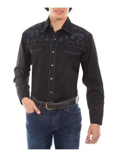 Rose Embroidered Rockabilly Shirt - Black