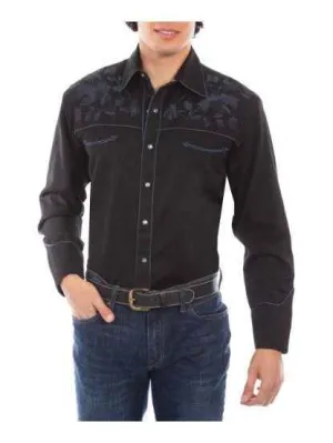 Rose Embroidered Rockabilly Shirt - Black
