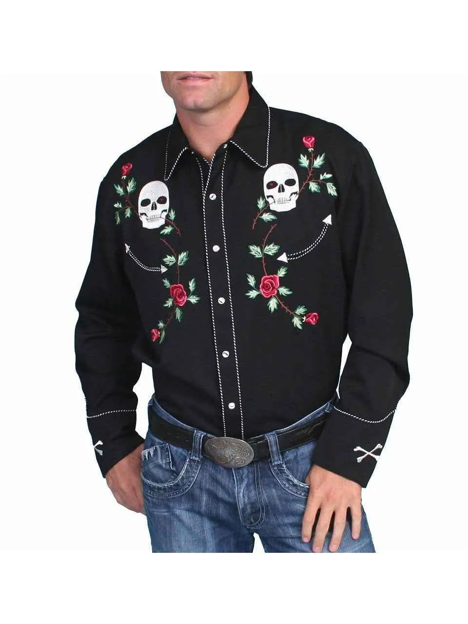 Skull & Roses Embroidered Rockabilly Shirt