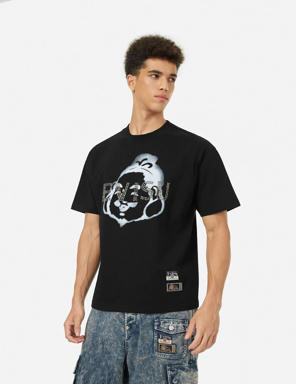 SPRING/ SUMMER COLLECTION 2025 Rhinstone Logo and Godhead Print Relax Fit T-Shirt