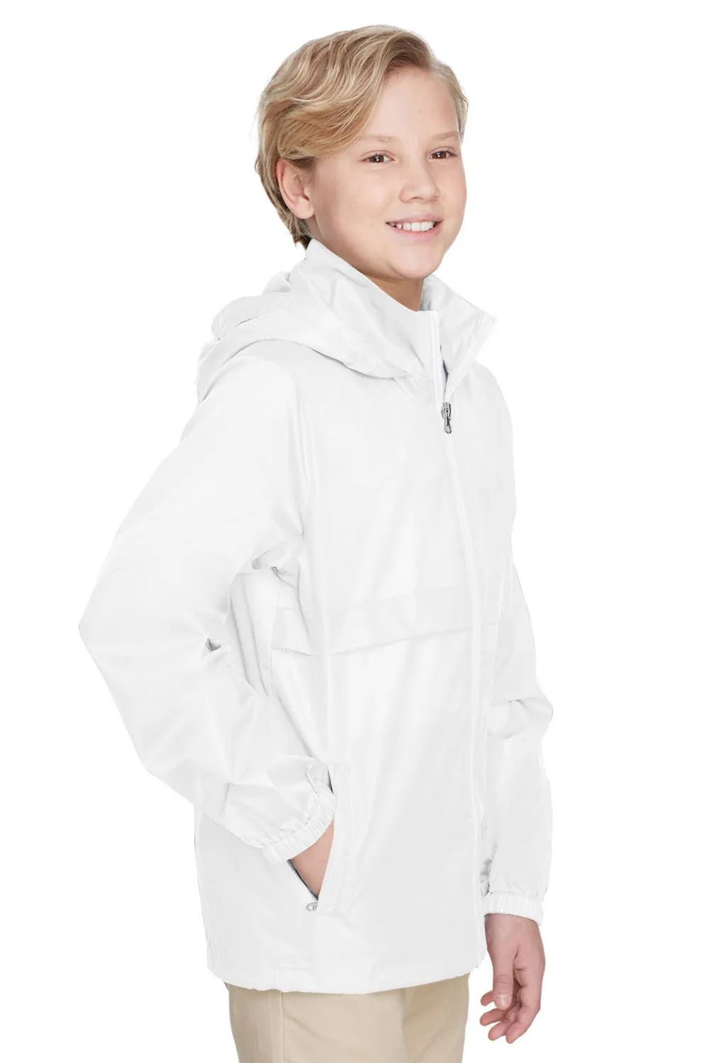 Team 365 Youth Zone Protect Water Resistant Full Zip Hooded Jacket - White