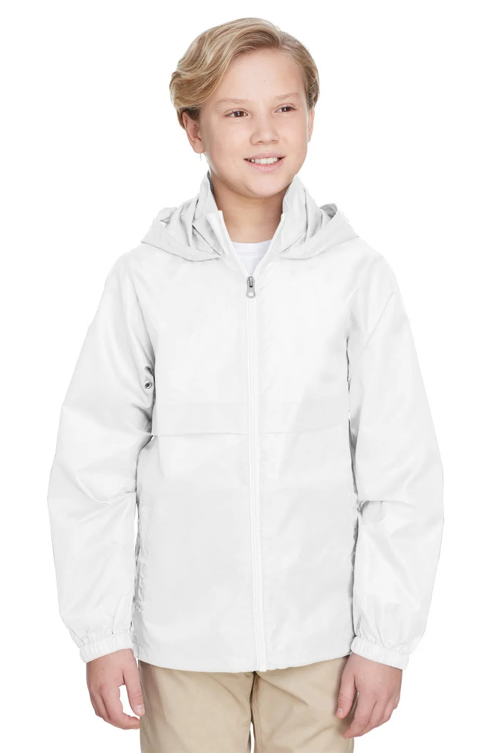Team 365 Youth Zone Protect Water Resistant Full Zip Hooded Jacket - White